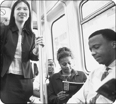 Commuters on a Chicago Transit Authority train.