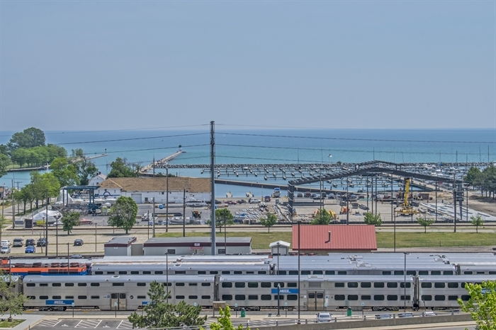 Train tracks run perpendicular to Waukegan's lakeshore