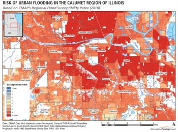 Map depicting risk of urban flooding in the Calumet region of Illinois