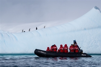 boat with people looking at an iceberg with penguins