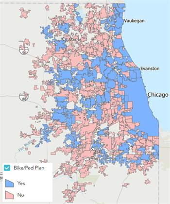 map of municipalities with bicycle and pedestrian plans in the region