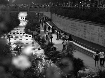 people walking along banks of urban stream