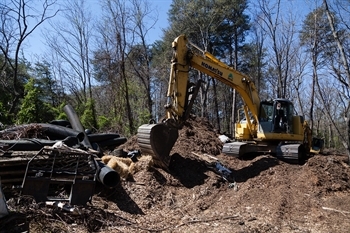 excavator moving soil in a forest