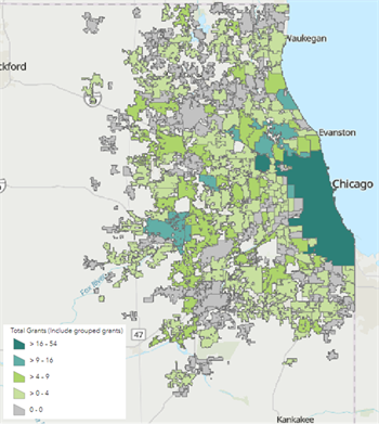 map of number of grants received for bike/ped projects