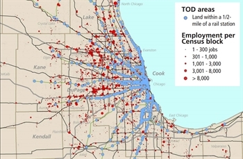 Map of the Chicago region showing TOD areas and employment per Census block