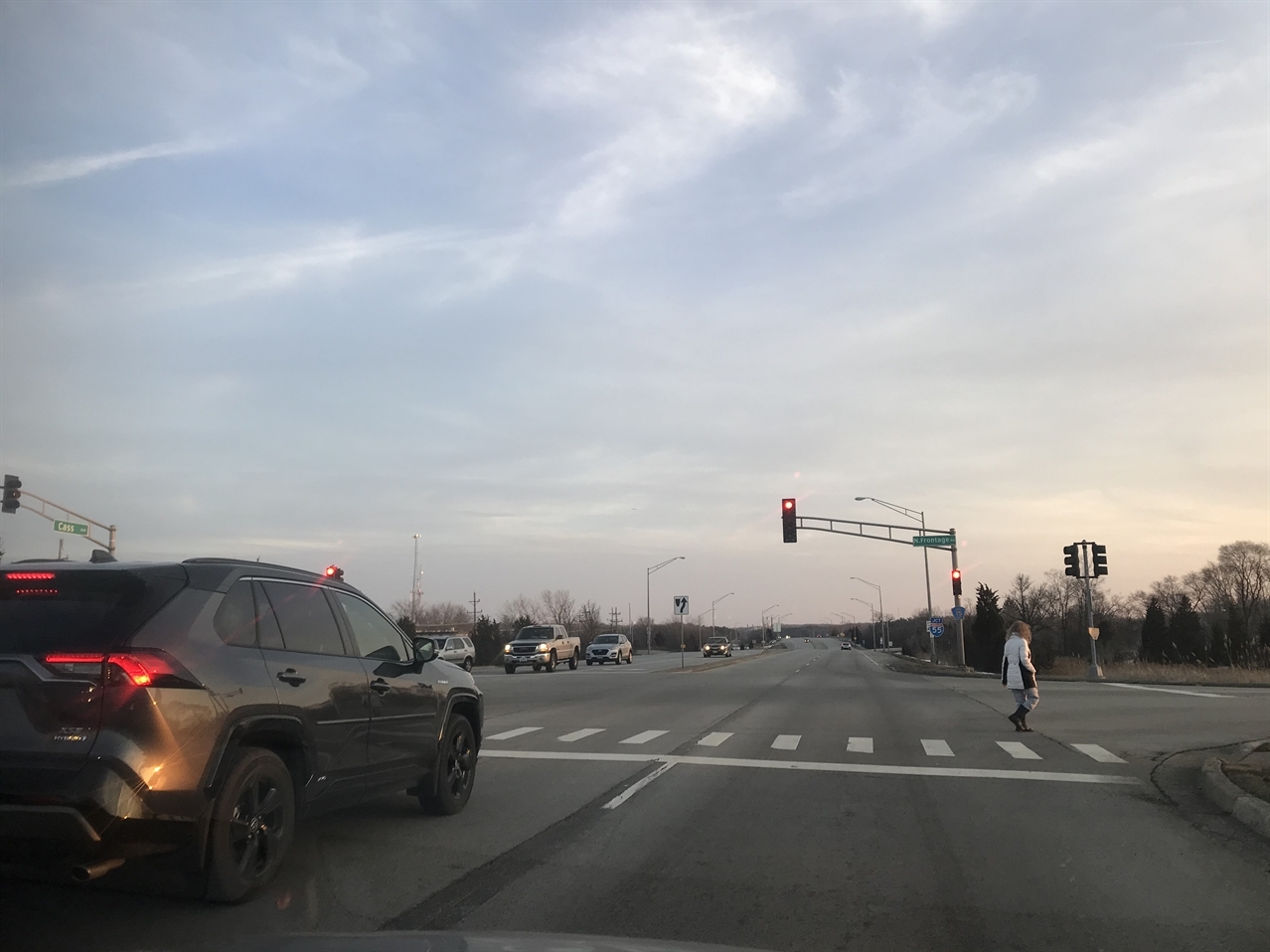 wide arterial intersection with pedestrian crossing